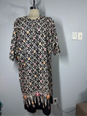 Black Patterned Midi Dress with Pink & Orange Accents